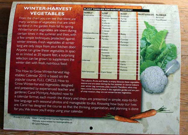 winter harvest vegetables calendar 2010