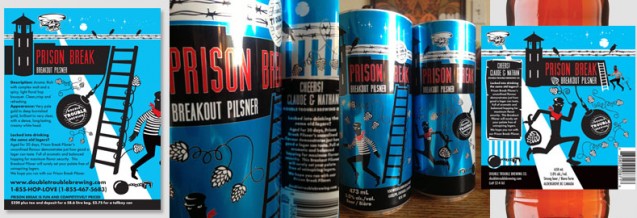 Prison Break Break Out Pilsner; info sheet, tall boy can design and 650 mL bottle label design