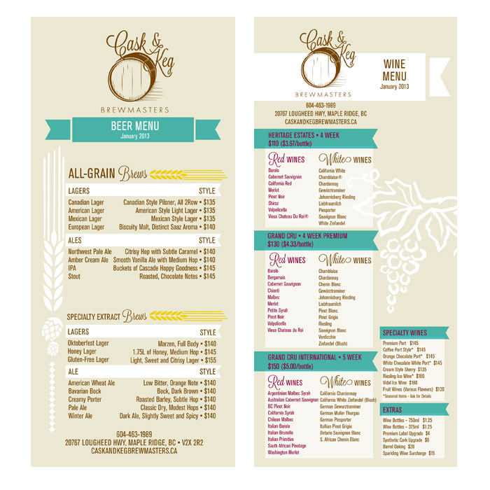Cask and Keg Brochure, Postcard, Gift Card, and Menu design