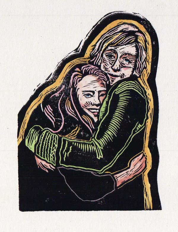 Mother Daughter Linocut, coloured with Copic markers, 3" wide