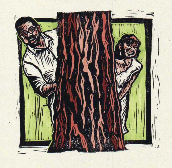 D & S Linocut, coloured with Copic markers, 3.5" wide