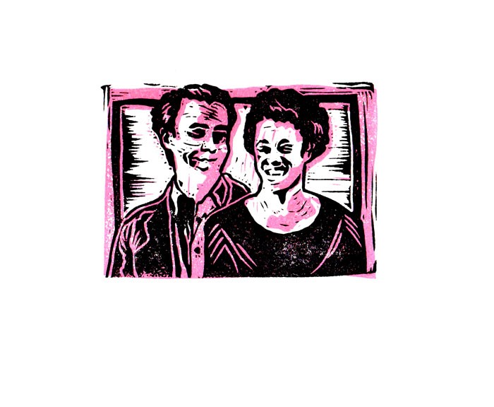 A wedding card linocut, carved both colours in under an hour, the night before leaving for the wedding.