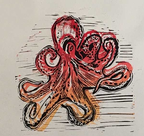 Octopus Linocut 4" x 4"