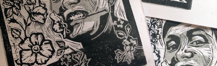 Linocut selfie with roses Linocut selfie with roses