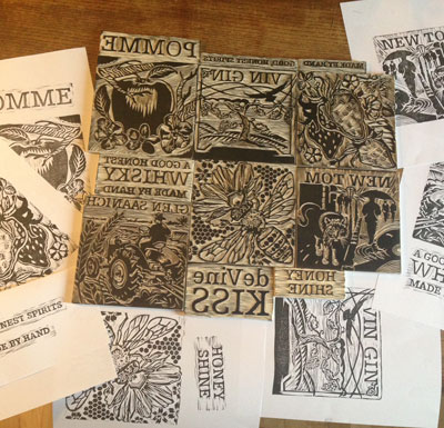 Linocut illustrations for deVine Spirits' labels
