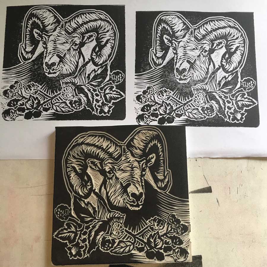 Linocut block print of the Black Ram for deVine's Black Ram Blackberry Brandy