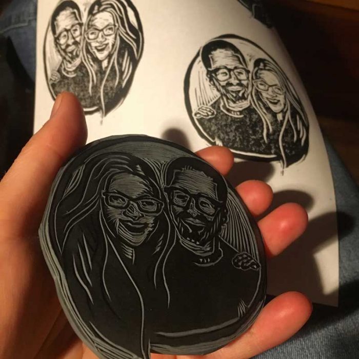 Linocut portrait design for Seven Acres Farm - process