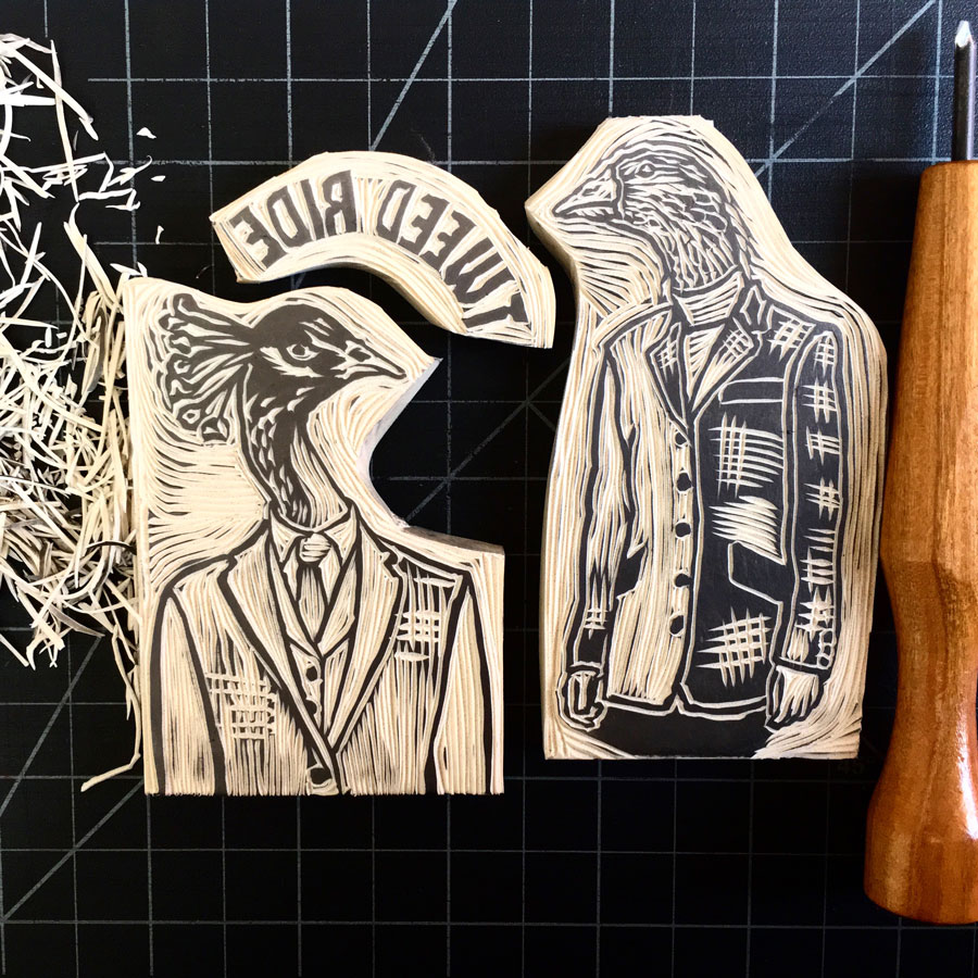 Tweed Ride Victoria Design and branding - the freshly carved linocut blocks
