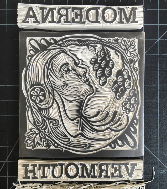 Linocut Illustration label design, Moderna Vermouth