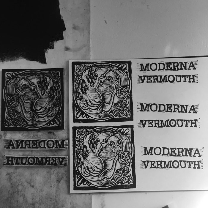 Linocut Illustration label design, Moderna Vermouth
