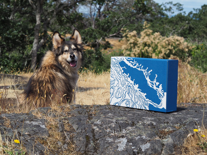 Linocut Box design for Vancouver Island Gift Basket (multitasked a dog walk with my photoshoot)
