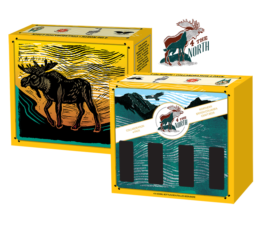 4 the North, beer box design for Barkerville Brewing, Sherwood Mountain, Three ranges Brewing, and Wheelhouse Brewing Co.