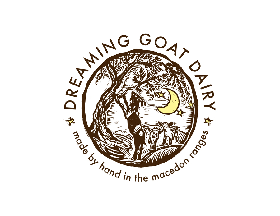 Linocut logo design for Dreaming Goat Dairy, Australia