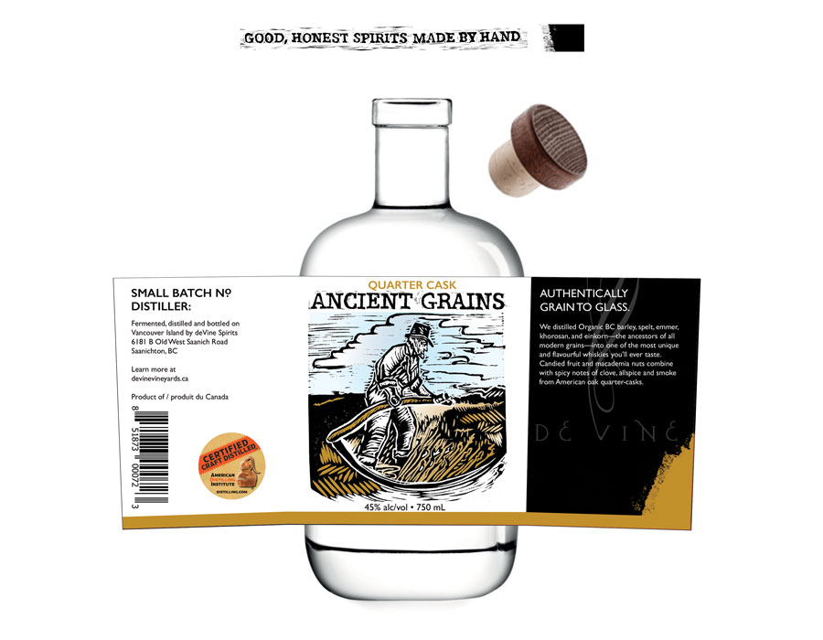 Label design for de Vine Wines and Spirits' Ancient Grain Quarter Cask Whisky