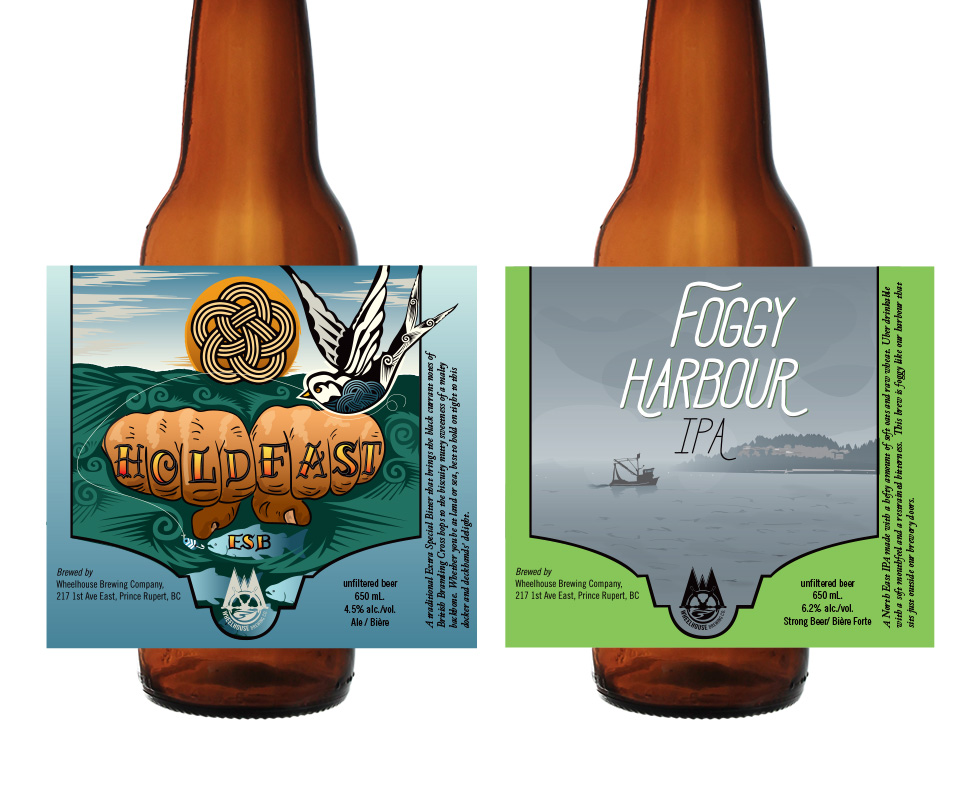 Label Design and Illustration for Wheelhouse Brewery's Hold Fast ESB and Foggy Harbour IPA