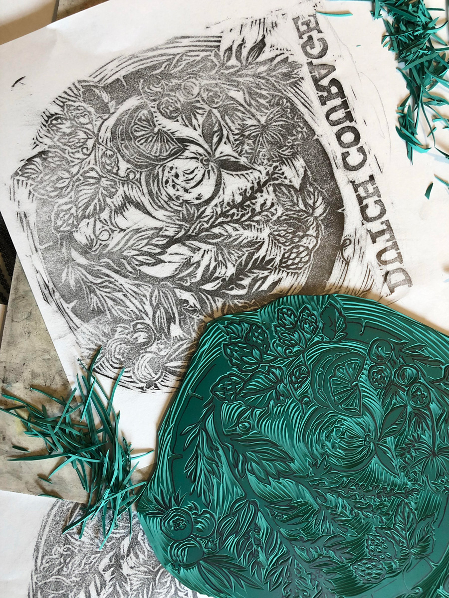 Linocut carving progress